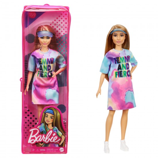 Mattel Barbie Fashionistas #159 Petite, with Light Brown Hair Wearing Tie-Dye T-Shirt Dress, White Shoes (FBR37/GRB51)
