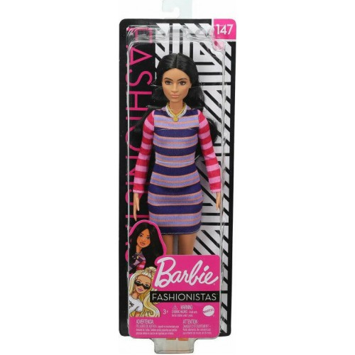 Mattel Barbie Doll Fashionistas #147 Καστανή με Ριγέ Φόρεμα με Λαμπάδα(FBR37/GYB02)