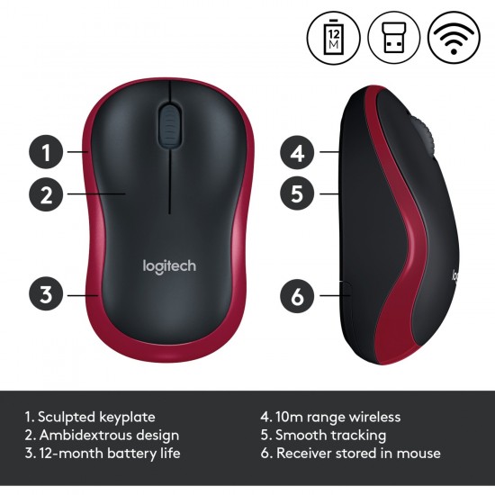 Logitech Wireless Mouse M185, Mouse (red) (910-002240)