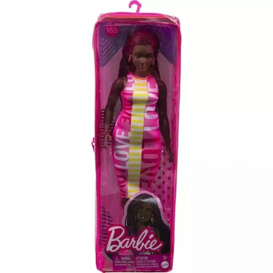 Mattel Barbie Doll - Fashionistas #186 - Curvy Black Skin Doll, Crimson Braids & Sleeveless Love Dress (FBR37/HBV18)