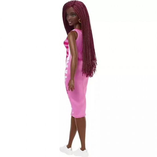 Mattel Barbie Doll - Fashionistas #186 - Curvy Black Skin Doll, Crimson Braids & Sleeveless Love Dress (FBR37/HBV18)