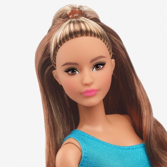 Mattel Barbie Signature Looks: Short Doll with Brunette Ponytail Turquoise/Pink Dress Model #15 (HJW82)